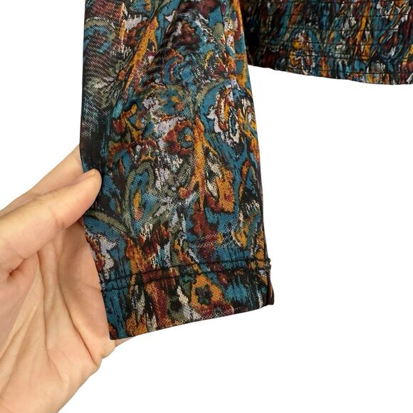 Evereve Top Womens Small Blue Floral Kate Smocked Mesh Sleeve Whimsigoth Fairy - Picture 4 of 10